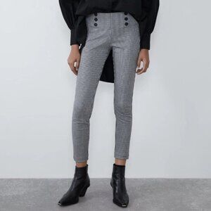 Zara Gingham Button-Detail Skinny Legging Pants - Black & White - Size Small
